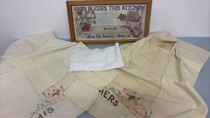 lot 369 image: White table runner, pillow cases and picture