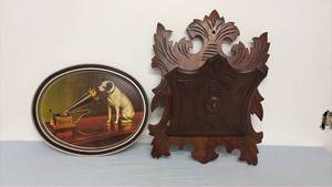 lot 383 image: Victor Talking Machine Co. His Masters Voice Tin Sign with Ornate Wooden Wall Bracket
