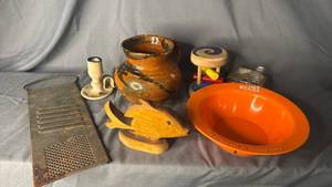 lot 402 image: Vintage Grater, Pitcher, Candlestick, Wood Fish and  Plastic Wheaties Bowl - see picture for callouts on ceramics