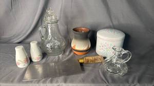 lot 403 image: Vintage Clear Glass Pitchers, Salt & Pepper Shakers & Native American Vase