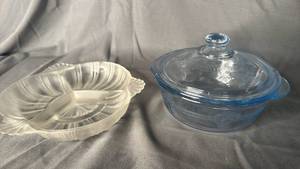 lot 405 image: Clear Blue Fire King Lidded Dish and Satin Dish