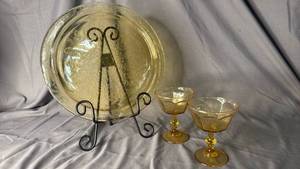 lot 413 image: Depression Class Tray and Vintage Amber Champagne Glasses- Stand not included