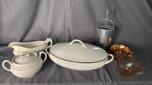 lot 426 image: Johnson Brothers Casserole Dish, Canonsburg Sugar and Homer Laughlin Gravy Boat with Carnival and Depression Cups- see picture for chip on Sugar dish