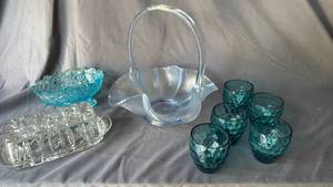 lot 441 image: Fenton Satin Blue Handled Dish (handle is not attached on one side) and vintage butter dish and more