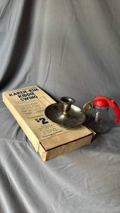 lot 446 image: Vintage Red Handle Syrup Bottle - Kid Swing in box and Candlestick Holder