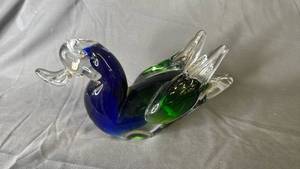 lot 450 image: MCM Murano Style Cobalt, Green Duck Sculpture Figurine