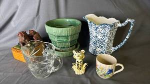 lot 451 image: McCoy Planter  Blue & White Pitcher and more