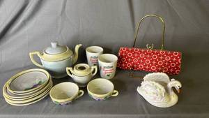 lot 456 image: Child Tea Set (missing pieces and see pictures for chips) coin purse and swan