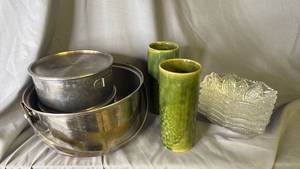 lot 481 image: Six Glass Trinket Dishes, Green Vases and Camping Pots