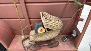 lot 496 image: Vintage Baby Stroller, Metal Scoop and records
