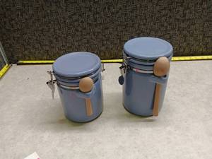 lot 1047 image: Pair of Blue Ceramic Drum Planters w Wooden Handles