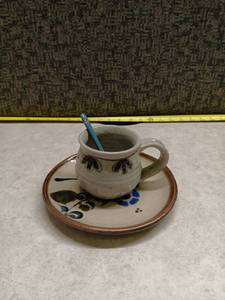 lot 1114 image: Handthrown Stoneware Teacup and Saucer Set wBlue spoon