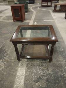 lot 1221 image: Wood Glass Top Side Table w Shelf & Turned Legs