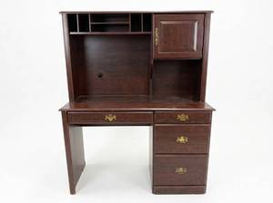 lot 1224 image: Cherry Wood Desk with Hutch and Brass Hardware
