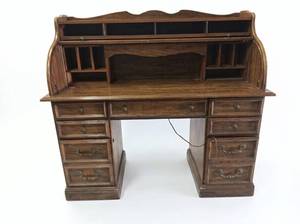 lot 1225 image: Wooden Roll-Top Desk with Hutch and Drawers