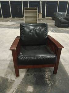 lot 1236 image: Wood Frame Armchair with Black Leather Cushions