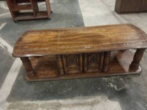 lot 1238 image: Wooden Console Table w Carved Panels & Turned Legs