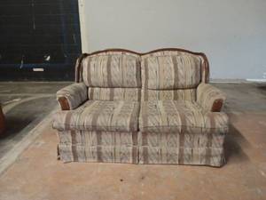 lot 1259 image: Upholstered Loveseat with Striped Fabric and Wood Frame