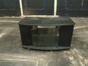 lot 1261 image: Black TV Stand w Glass Shelves & Wood Cabinets
