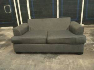 lot 1263 image: Gray Upholstered Two-Seat Sofa w Rolled Arms