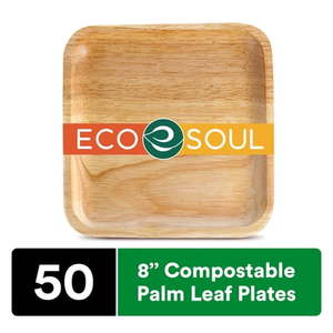 lot 763 image: ECO SOUL 100% Compostable 8 Inch Palm Leaf Square Plates  50 Counts  Heavy Duty Bamboo Disposable Party Plates  Eco-Friendly Biodegradable Plates - Retail $31