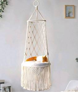 lot 785 image: Kabnic Macrame Cat Hammock, Hanging Bed Swing for Indoor Cats, Boho Swing Bed for Sleeping, Playing, and Lounging - Retail $0