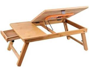 lot 800 image: Laptop Desk Adjustable Bamboo Laptop Table with Fan Drawer Foldable Bed Tray Breakfast Tray Padded Lap Work Tray,for Working Writing Drawing - Retail $0
