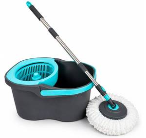 lot 801 image: Lambert Home Spin Mop and Bucket Set with Wringer, Hands-Free Self-Wringing Floor Mop, 2 Washable Microfiber Mop Heads, 42.1-50 in Adjustable Stainless Steel Handle, Gray Blue - Retail $0