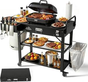 lot 824 image: Grill Cart for Blackstone Griddle, Foldable Outdoor Grill Table with Wheels for Ninja, Pizza Oven Stand Grill Stand Fit 17 or 22 Inch Tabletop Griddle, Portable BBQ Prep Station with Tool Hooks