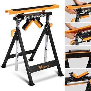 lot 833 image: WORKESS 4 in 1 Roller Stand, Stable 440 Lbs Load Capacity with Saw Horses, V-Shaped, Multi-Directional Rollers & Outfeed Roller, Adjustable Height 33- 50, Folding for Woodworking - Retail $81