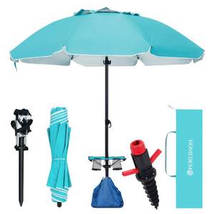 lot 887 image: HOMEDEMO 8FT Big Beach Umbrella with Privacy Curtain & Weight Bag, Outdoor Beach Umbrellas with Large Anchor, Table & Carry Bag, Heavy Duty Windproof Design, UPF 50 Protection, Parasol, T�rkiye Blue - Retail $1,550