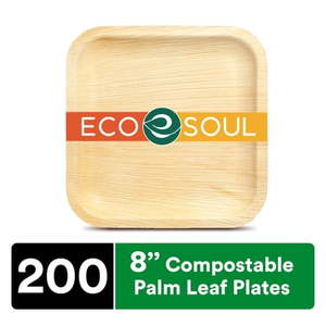 lot 929 image: ECO SOUL 100% Compostable 8 Inch Palm Leaf Square Plates  200 Counts  Heavy Duty Bamboo Disposable Party Plates  Eco-Friendly Biodegradable Plates - Retail $100