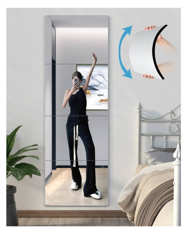 lot 28305 image: Shatterproof Wall Mirror Full Length for Bedroom, Acrylic Gym Mirrors For Home, Extra Thick 0.12 inch, 12 x 12 inch x 4 Pcs, Workout Mirrors Safe for Kids, Over The Door, Long Wall Mounted - Retail $16