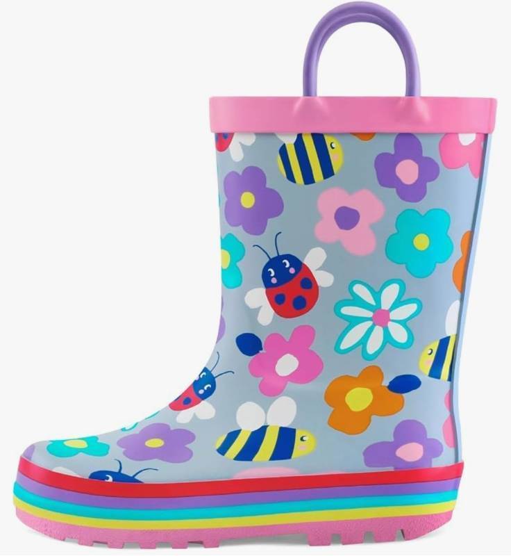 lot 17349 image: Kids Rain Boots for Girls Boys Toddler Waterproof Rubber Cute Printed with Easy-On Handles Y7 - Retail $23