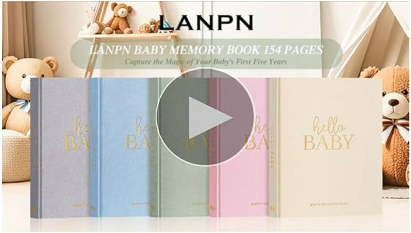 lot 17352 image: Hello Baby First 5 Year Memory Book for Boy Girl - Linen Hardcover Baby Book Keepsake for New Parents - Newborn Baby Journal Scrapbook Photo Album Baby Milestone Book (Green, 154 Pages) GERMAN - Retail $20