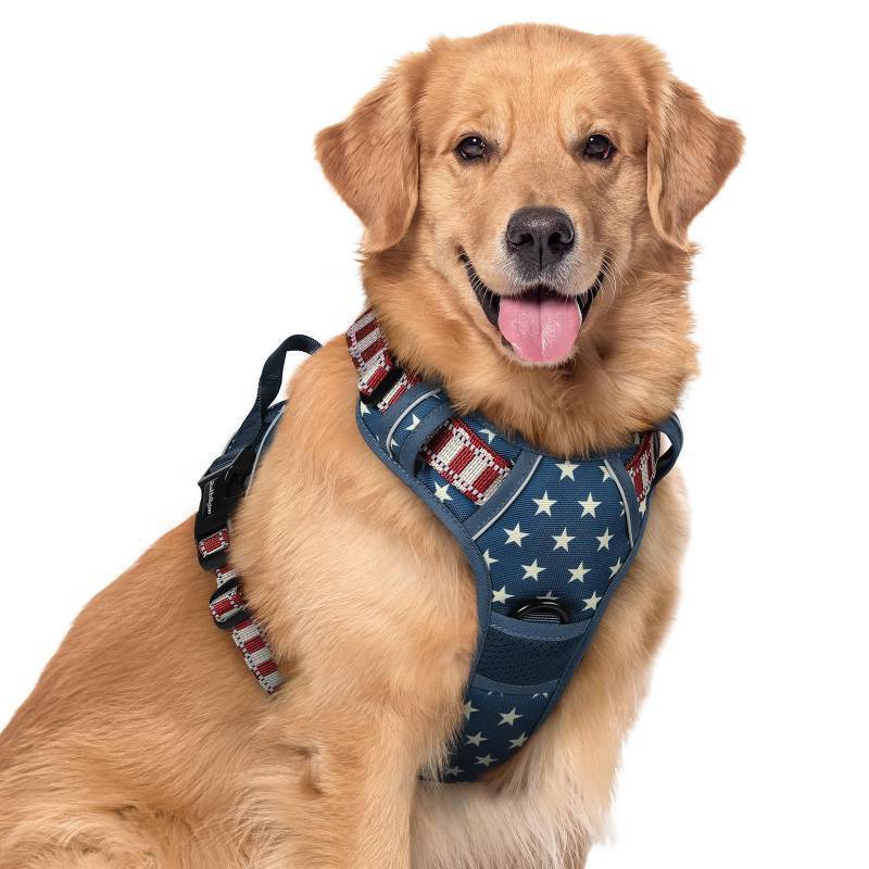 lot 17662 image: Dog Harness No Pull with 2 Leash Clips, Adjustable Soft Padded, Reflective Oxford No Choke Pet Vest with Easy Control Handle for Large Dogs, Blue Star, XL - Retail $29
