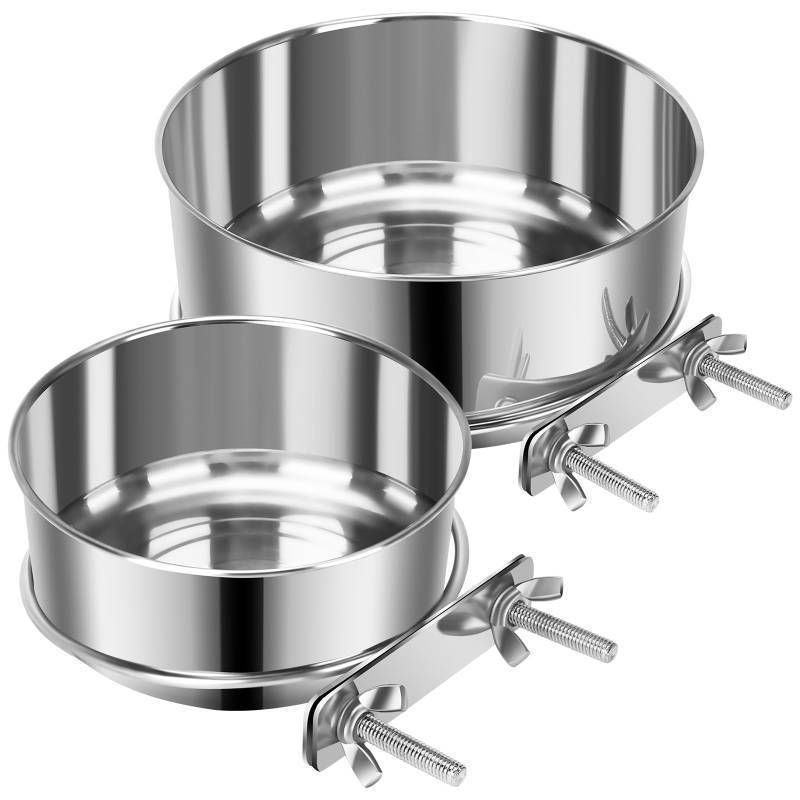 lot 17693 image: 2 Pcs Small Pet Dog Food Water Bowl for Cage Stainless Steel Non-Spill Kennel Hanging Cats Pets Bowls with Clamp Holder Crate Feeder Dish for Small Dogs Pets (4.7x1.9 & 3.9x1.7) - Retail $10