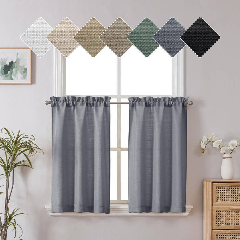 lot 28236 image: 2 Panels Dark Grey Kitchen Curtains 36 Inch Length Tier, Faux Linen Textured Small Cafe, Light Filtering Short Window Curtains for Bathroom Basement, Each 30x36 Inch - Retail $10
