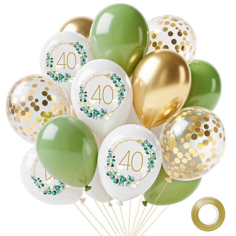 lot 73264 image: Sage Green Balloons, 14pcs 12inch Sage Green White Metallic Gold Confetti Balloons with Number 40 Printed for Men Women Boho 40th Birthday Wedding Bridal Baby Shower Party Decorations - Retail $5