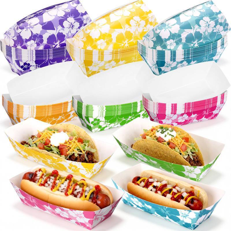 lot 73382 image: 120 Hibiscus Party Paper Hot Dog Trays Disposable Luau Party Food Nacho Boats Hawaiian Hot Dog Holders Decorations 7 Hawaiian Tray for Hibiscus Tropical Theme Supplies - Retail $19