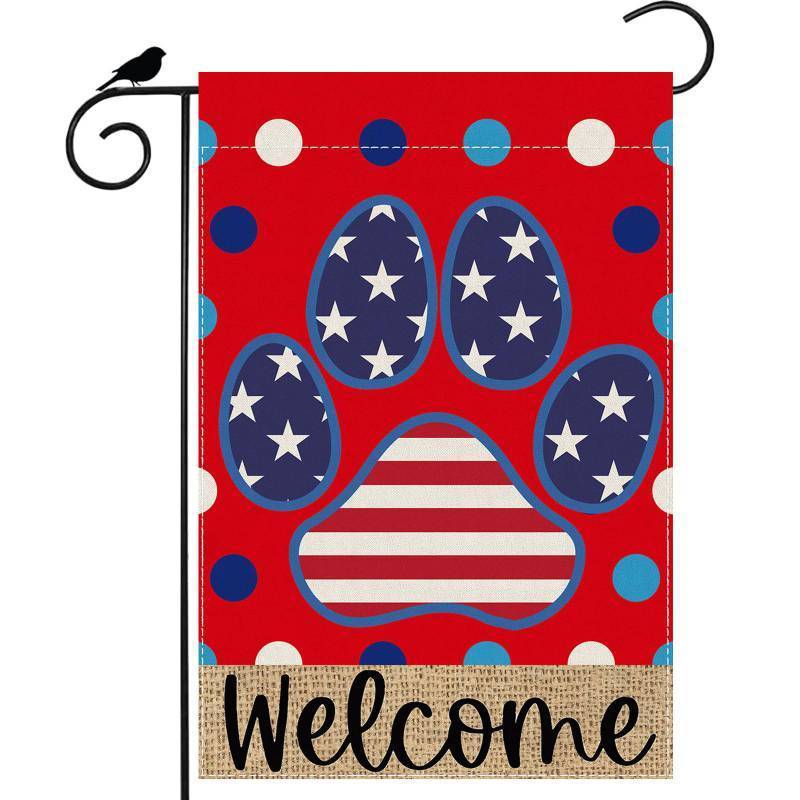 lot 73415 image: Welcome Dog Paw Dots Stripes Stars America 4th of July Memorial Day Independence Day Garden Flag Yard Flag 12x18 Inch Double Sided Small Mini Yard Outdoor Outside Holiday Decoration - Retail $10
