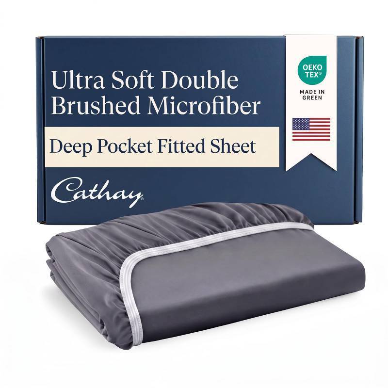 lot 73493 image: Cathay Home Luxury Wrinkle And Fade Resistant Double Brushed Ultra Soft Microfiber 14-inch Standard Pocket Single Fitted Sheet, Gray, Twin - Retail $12