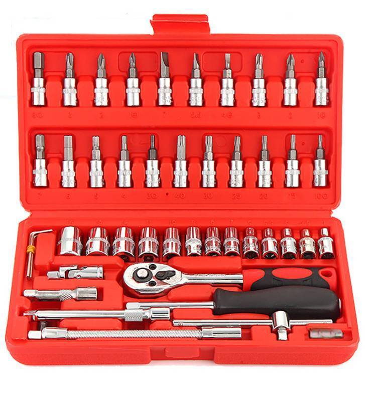 lot 58769 image: Household Tools Kit, 46 Pcs Ratchet Wrench Socket Bolt Driver Sets with Plastic Toolbox for Home, College and Automobile (red) - Retail $10