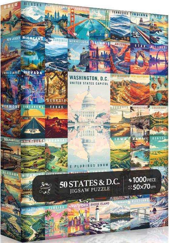 lot 58873 image: 50 States & Washington, D.C. Jigsaw Puzzles for Adults 1000 Pieces, United States 1000 Piece Puzzle, Travel Poster Design of Family Puzzle,challenging Puzzle,USA States Puzzle - Retail $17