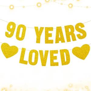 lot 18268 image: Pre-Strung 90th Birthday Decorations for Women & Men Gold Glitter 90 Years Loved Birthday Banner Happy 90th Bunting Sign Milestone Birthday Party Decorations - Retail $7