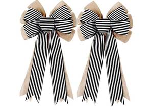 lot 18334 image: 2 Pack Black White Stripe Burlap Fall Bows for Wreaths Decorations - Retail $16