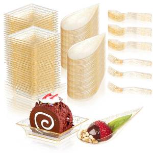 lot 18363 image: 100 Count Gold Mini Appetizer Plates Set - Tear Drop & Square Dessert Plates with Forks & Spoons - Party Serving Tray for Chocolates (Modern) - Retail $27