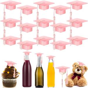 lot 18364 image: 12 Pieces Mini Graduation Cap Pink Hats with Pink Tassels Plastic Grad Cake Pops Cover Toppers for Graduation Party Decorations - Retail $13