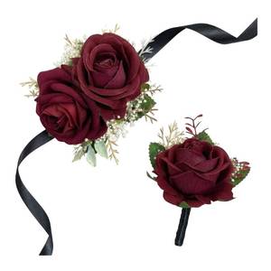 lot 18367 image: Burgundy Rose Corsage and Boutonniere Set with Babys Breath for Wedding Flower Accessories Prom Suit Decorations - Retail $18