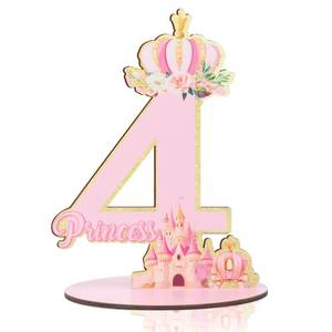 lot 18386 image: Princess 4th Birthday Number Sign Centerpiece, Wooden Table Decoration Pink Glitter Gold, Four Years Old Birthday Parties Photo Props Supplies Decor - Retail $9